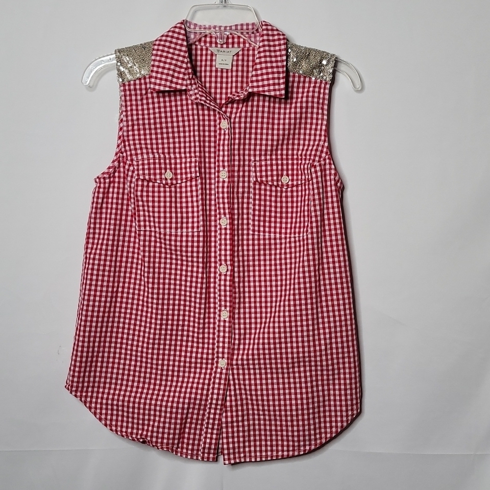 Ariat western gingham checkered plaid red white button down sequins top sz S
